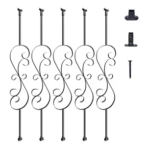 VEVOR Staircase Metal Balusters, 44'' x 1/2" Galvanized Steel Decorative Banister Spindles, 5 Pack S Shape Deck Baluster, Hollow Satin Black Spiral Stair Railing with Shoes & Screws