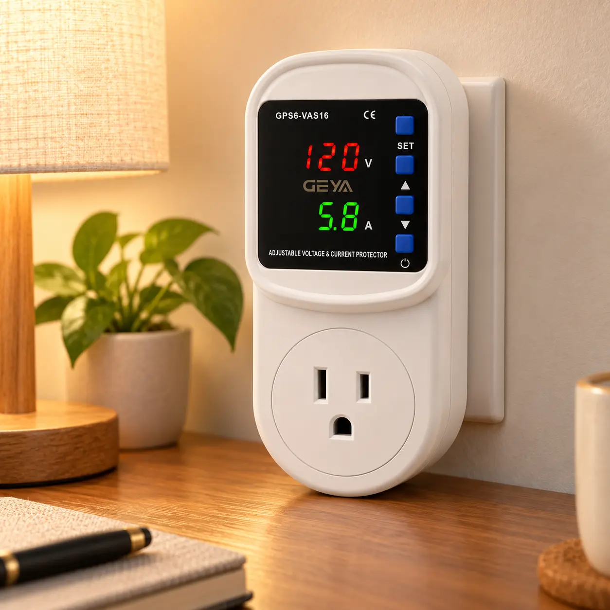 GEYA GPS6-VAS16 Adjustable Voltage & Current Protector, US 3-Prong Plug-In Outlet with Digital Display, Gps6-Vas16 Model