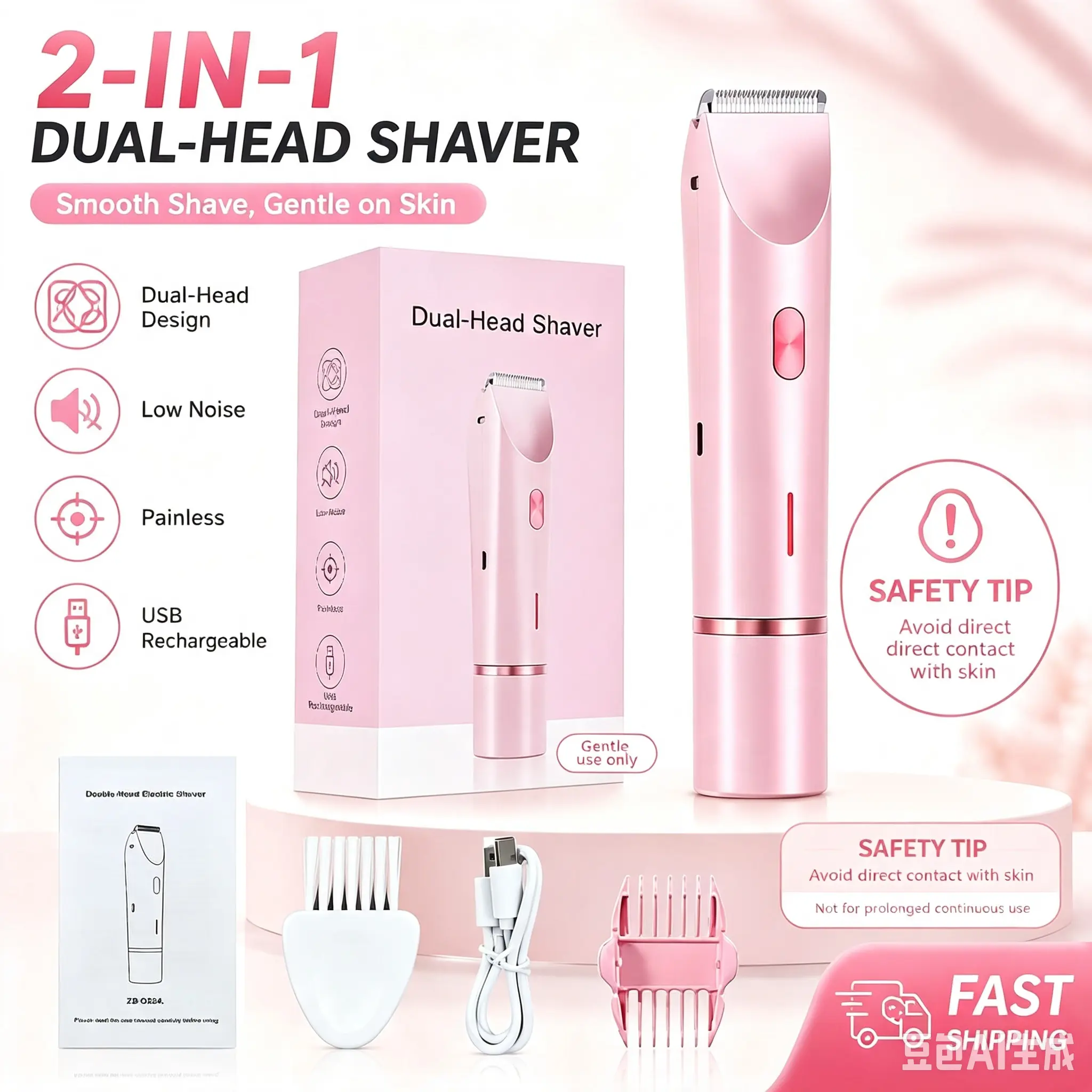 Bikini Trimmer for Women, Electric Shaver and Razor Rechargeable 2-in-1 Body and Facial Epilator, Dual Heads for Painless Trimming of Pubic Hair, Face, Underarms and Legs, IPX7 Waterproof.