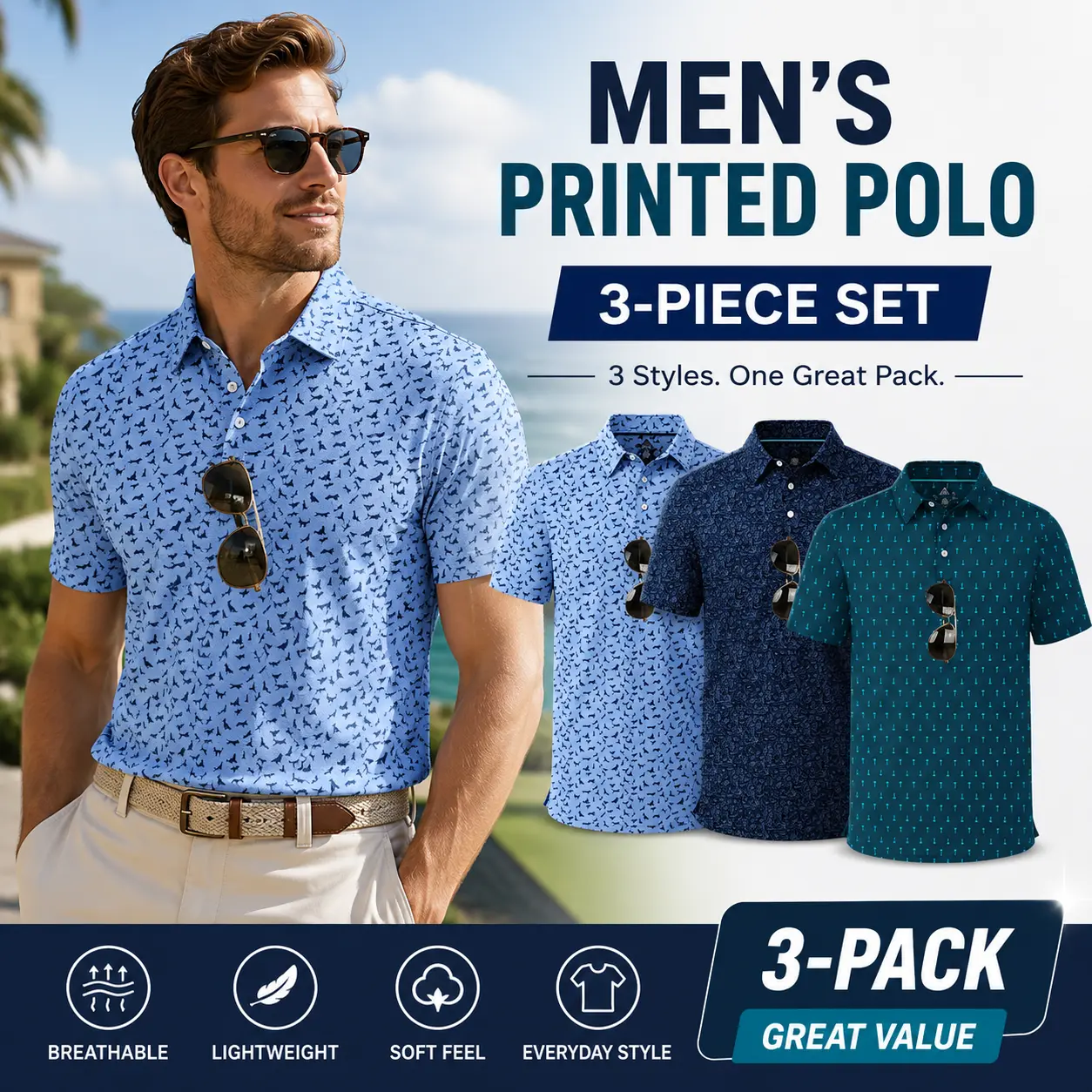 Men's 3-Piece Summer Polyester Polo Shirts Set, Buttoned Collar & Neck, Machine Washable, Comfortable & Stretchy - Men’s Clothes, Sporty Chic, Ideal for Golf & Casual Wear, Perfect Gift for Boyfriend, Business-Ready