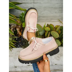 Women's Fashionable Fall Shoes, Casual Soft Leather Lace-Up Thick Sole Lightweight Loafers, Round Toe Retro Chunky Heel Kangaroo Shoes