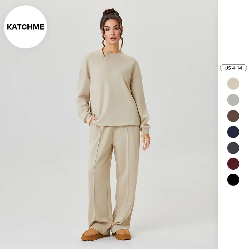 KatchMe Women's Casual Solid Color Loose Long Sleeve Top & Exposed Stitches Trousers Co-ord, Soft Lightweight Round Neck Top & Wide Leg Trousers Two Piece Outfits