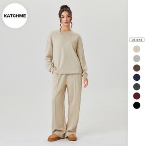 KatchMe Women's Casual Solid Color Loose Long Sleeve Top & Exposed Stitches Trousers Co-ord, Soft Lightweight Round Neck Top & Wide Leg Trousers Two Piece Outfits