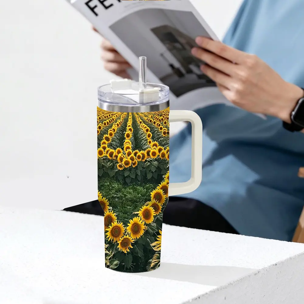 40oz Stainless Steel Insulated Heart Sunflower Field Tumbler Keeps Drinks Hot Cold Non-Slip Base Easy Clean Fits Car Cup Holders,Summer Gift.