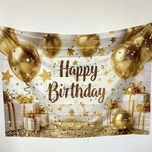 Happy Birthday Background Banner, 1 Count Gold Balloons and Stars Pattern Birthday Background, Birthday Party Decoration Supplies for Home Living Room Bedroom, Ornaments