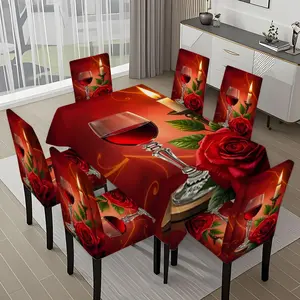 5/7-piece 2D Flat Printing Red Rose, Red Wine, and Candle Holder Printing Pattern Tablecloth and Chair Cover Set, for dining table and chair decoration, perfect for home, holiday gatherings, restaurants, and parties.