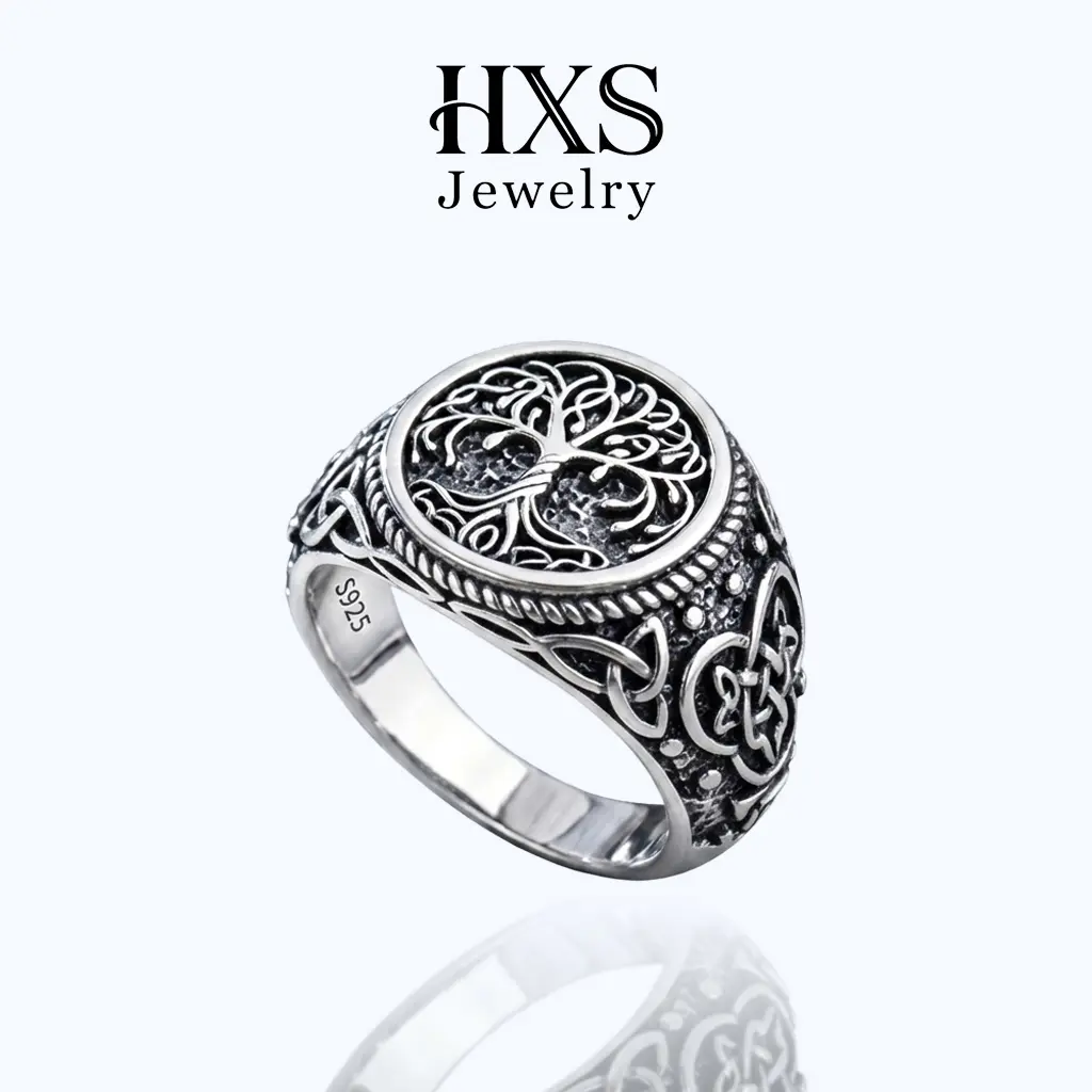 HXS 925 Sterling Silver Tree of Life Celtic Knot Viking Motifs Statement Ring - Unisex Jewelry for Men and Women