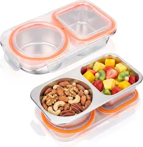 13.5oz Stainless Steel Snack Container with Lid, Leakproof 2 Compartment Metal Bento Box, Reusable Divided Food Storage Container for Travel, Office & Camping, Eco-Friendly BPA-Free Meal Prep Lunch Box for Kids & Adults