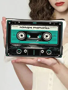 Retro 80s Cassette Pattern Makeup Bag, Fun Pop Culture Gift for Music Lovers, Zipper Design, Washable, Multi-Color Essential, Vintage Vanity Bag