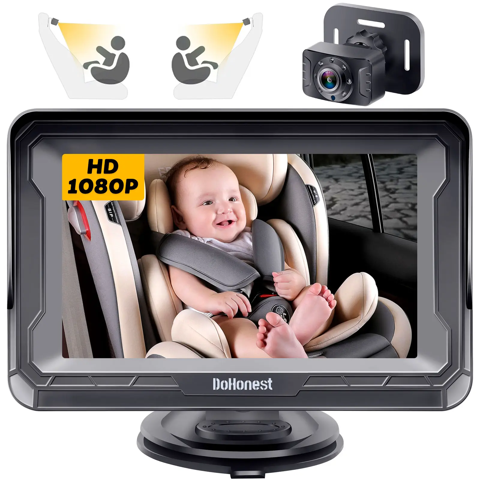 DoHonest Baby Car Camera HD 1080P - Rear-Facing Car Baby Monitor with Night Vision, Adjustable View Angle, Easy Setup, Anti-Glare Display, Safety for