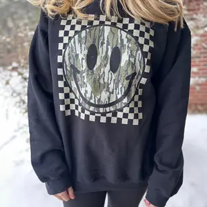 Old Camo Checkered Smile Trendy Sweatshirt Gildan  Crewneck