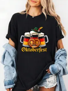 100% cotton German Beer Pretzel Oktoberfest Bavarian Party Costume T-Shirt Women Graphic T-Shirt Cotton Print short Sleeve Casual Top, Summer Tee Womens Tops