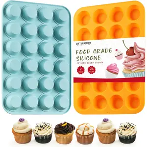 2 count  Mini Muffin & Cupcake Pan Set,   24 Cups Mini Muffin Baking Pan, Non-Stick, , Dishwasher Safe,  for Making Muffin, Cakes, Tart (Orange + Peacock Blue)