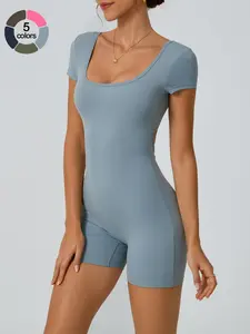 Women's Sporty Jumpsuit with Butt-Lifting Ruched Waist, Hollow Back Design, Comfortable Slim Fit, Above the Knee Short Sleeve