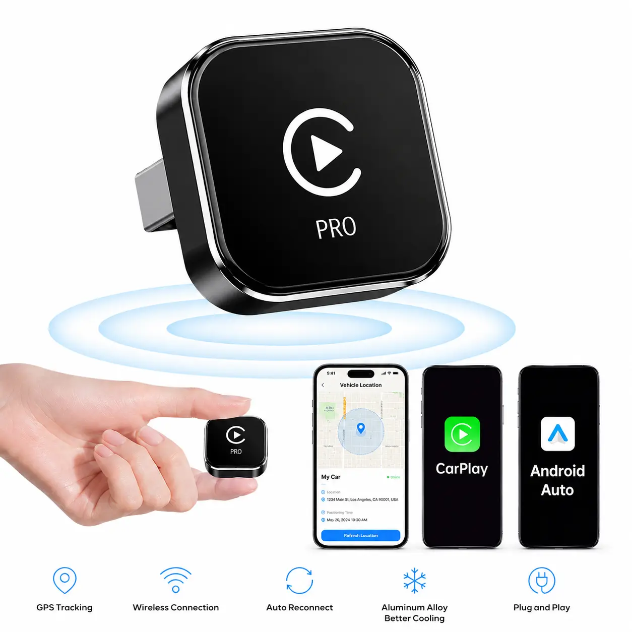 Wireless CarPlay Adapter with GPS Vehicle Tracking, Real-Time Vehicle Location, Find My Car, Wireless Android Auto, Auto Reconnect, Plug & Play for Factory Wired CarPlay
