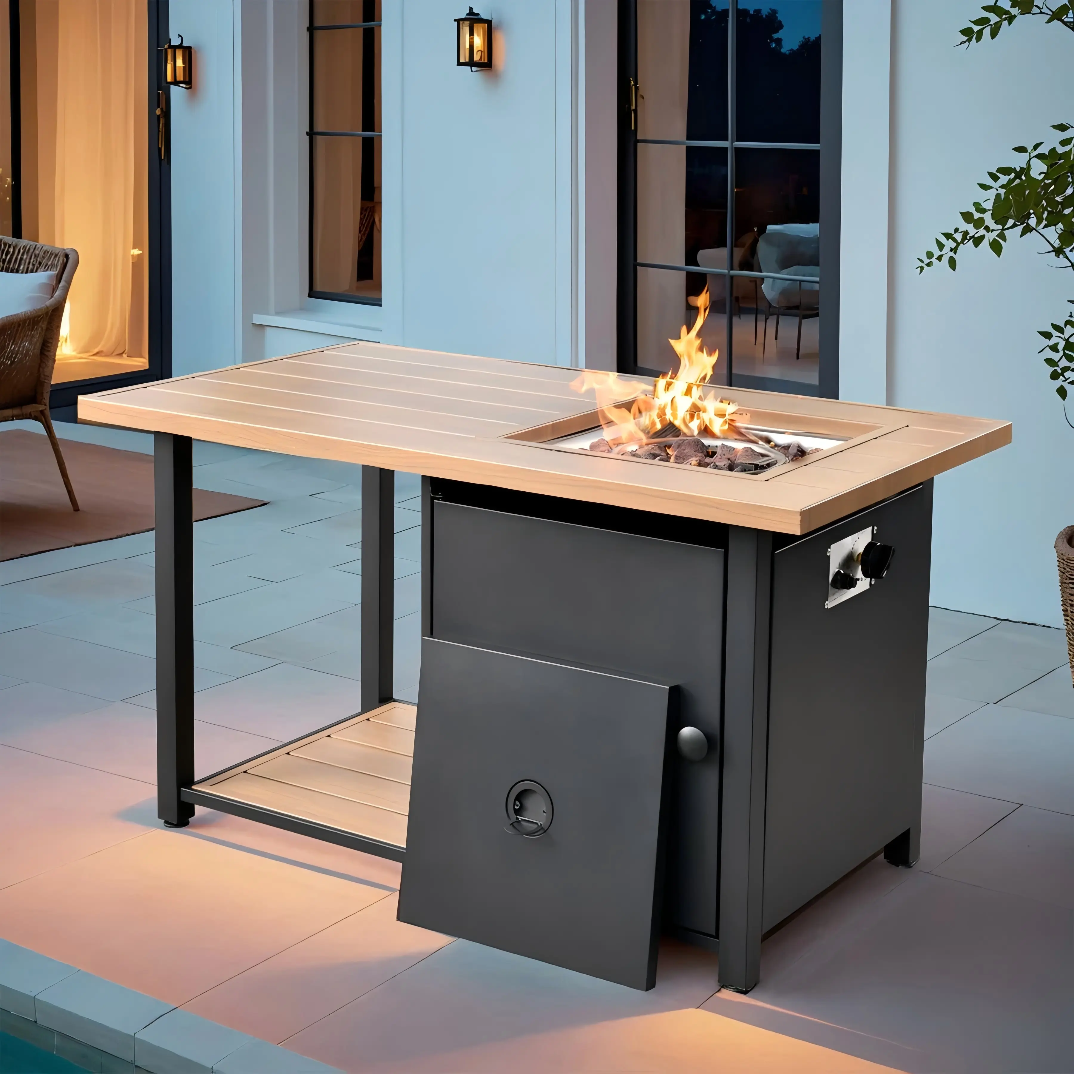 【Summerfinds】Ovios 46'' Rectangle Propane Fire Pit Table, Double Layer Gas Fire Table with Storage Shelf, Outdoor Firepit Heating Table with Durable Frame for Patio Backyard Deck Porch Conversation Set