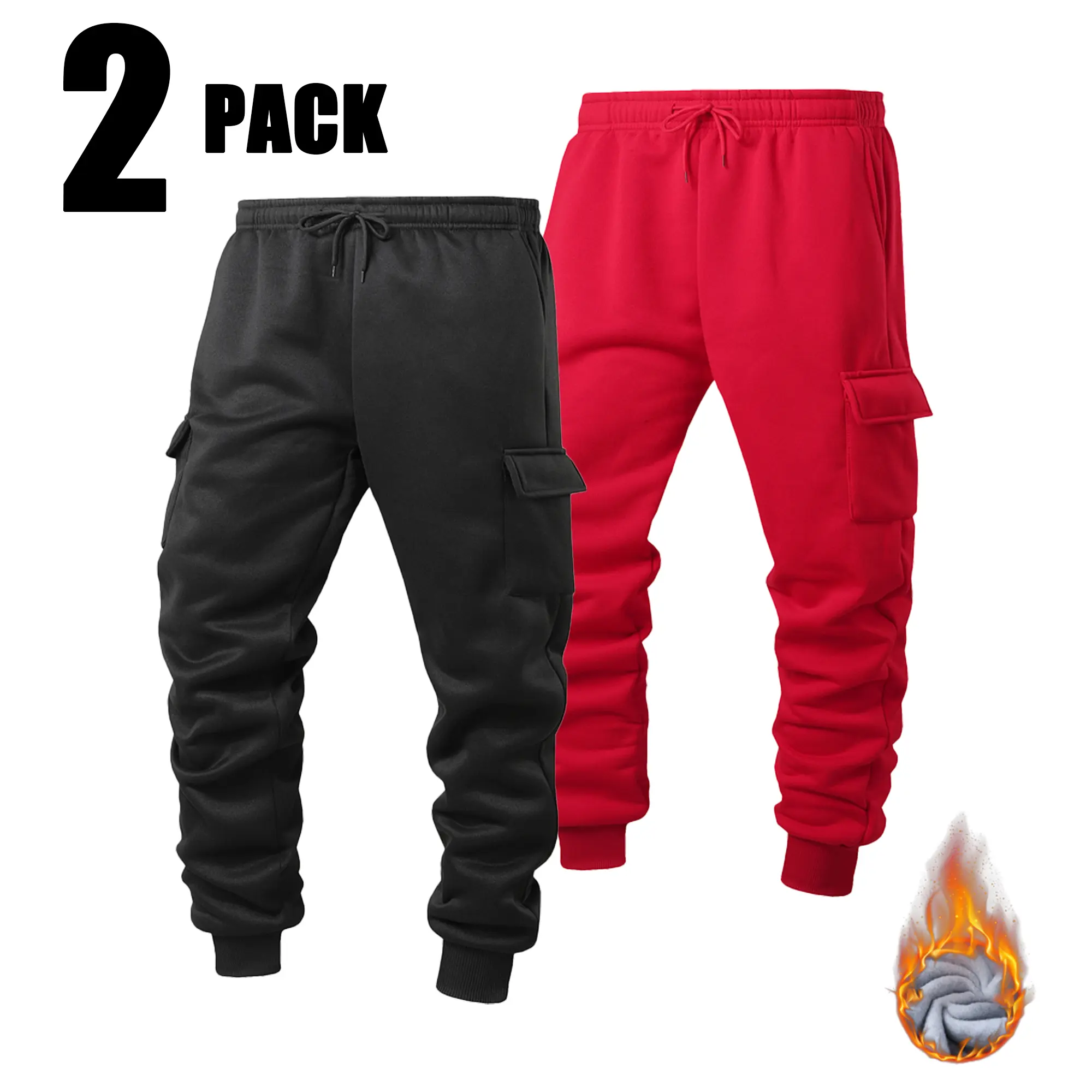Men’s two-piece set with thick lining, cargo sweatpants outfit for autumn/winter, warm sportswear, loose fit, multi-pocket design, ankle cuffs, casual long pants, two-piece set
