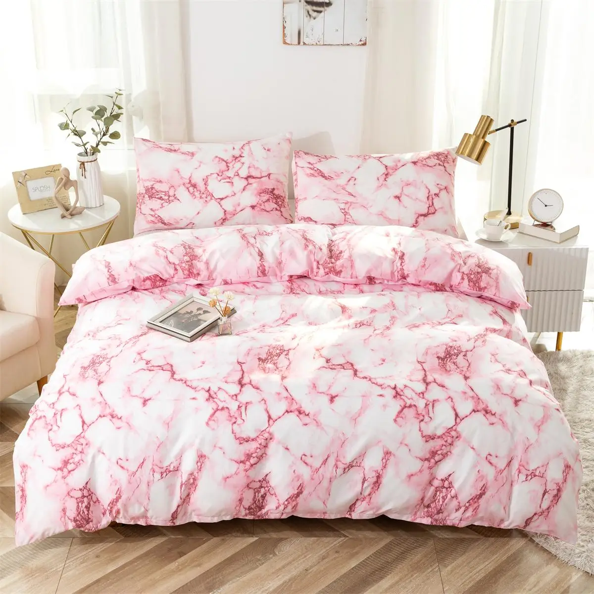 Marble Pattern Duvet Cover Set, Including 1 Count Duvet Cover & 2 Counts Pillowcase without Filler, Soft Comfortable Bedding Set, Modern Bedding Set f