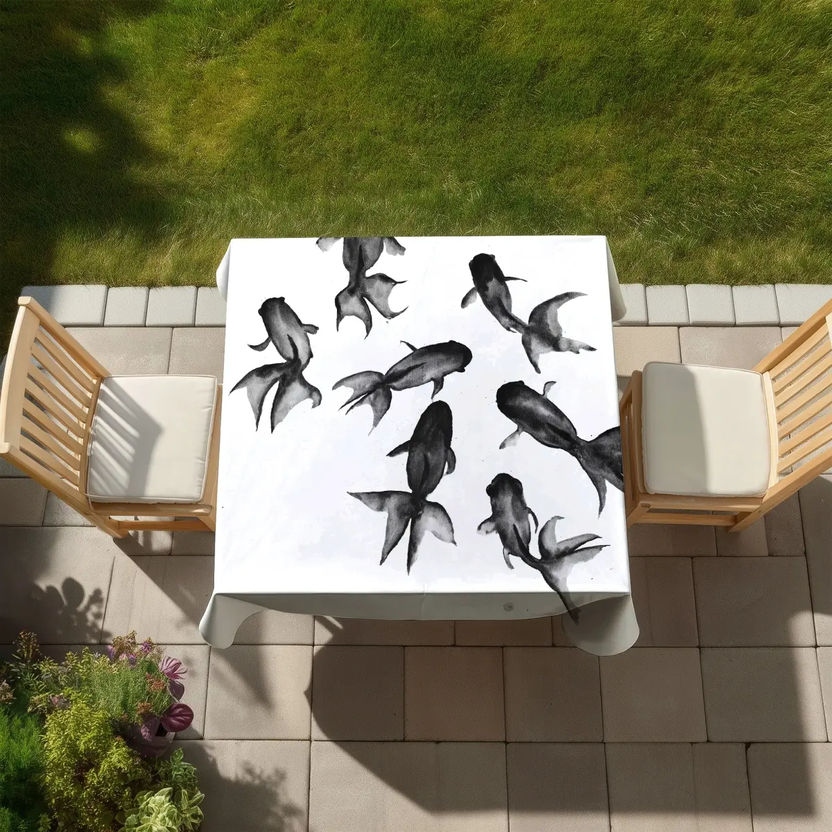 360 stand Small Black Fish Tablecloth, 58x58 in, Weather-Resistant Stain-Resistant, Indoor & Outdoor Furniture Decor for Outdoor Tables, Weatherproof, Indoor-Outdoor Tablecloths, Weather Resistant Tablecloths