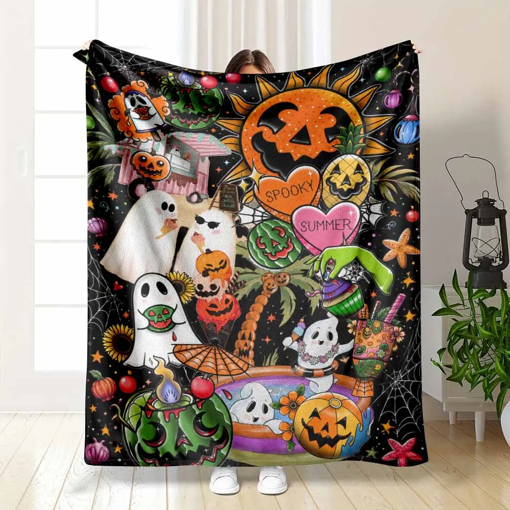 Spooky Summer Flannel Blanket Halloween Ghost Pumpkin Pool Party Print Soft Cozy Lightweight Warm Throw for Sofa Bed Beach House Halloween Party Gift for Adults