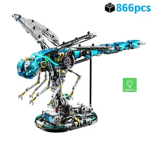 Creative Series Dynamic Mechanical Dragonfly Stem Building Blocks, 1 Box Simulation Insect World Animal Model Light with Display Stand, Assembly Toy for Kids Birthday Gift