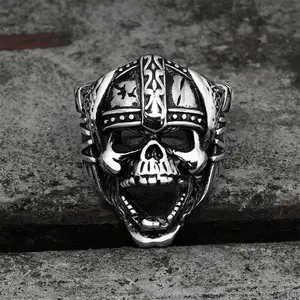 GTHIC Berserker Viking Skull Ring Unisex Stainless Steel Biker Jewelry for Daily Wear Norse Themed Gatherings