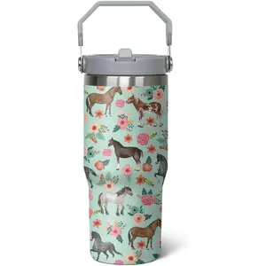 30 oz Horse Flip Straw Tumbler with Handle, Cute Floral Horse Insulated Stainless Tumbler Coffee Cups Water Bottle CoffeeTravel,Horses Gifts for Women Horse Lovers Girls