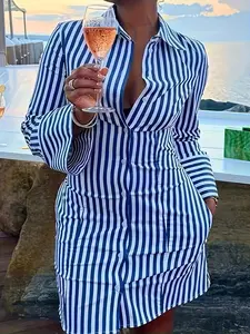 CharmGlow Summer Elegant Blue and White Striped Long-Sleeved Slim-Fit Shirt Dress Beach Casual Button Down with Flared Cuffs & Side Pockets for Women