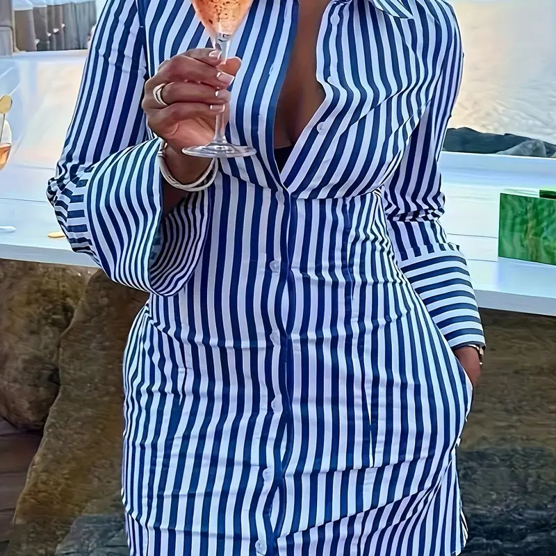 Women's Elegant Collared Neck Button-Down Woven Blue and White Vertical Striped Slim-Fit Long-Sleeve Shirt Dress with Pockets, Flared Cuffs for Beach, Casual, Evening Wear