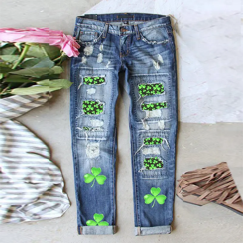 Women's Fashion Ripped Jeans - Vintage Washed Denim with Green Clover Four-Leaf Patchwork Fashion Versatile Casual Trousers