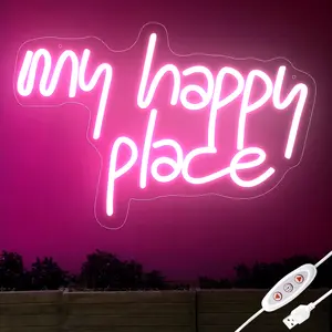 Neon Sign My Happy Place Decorative Wall Hanging LED Light for  Teen Girls Home Living Room Bedroom Decor Nightstand ambient Light, Dimmable adjustable with USB Plug