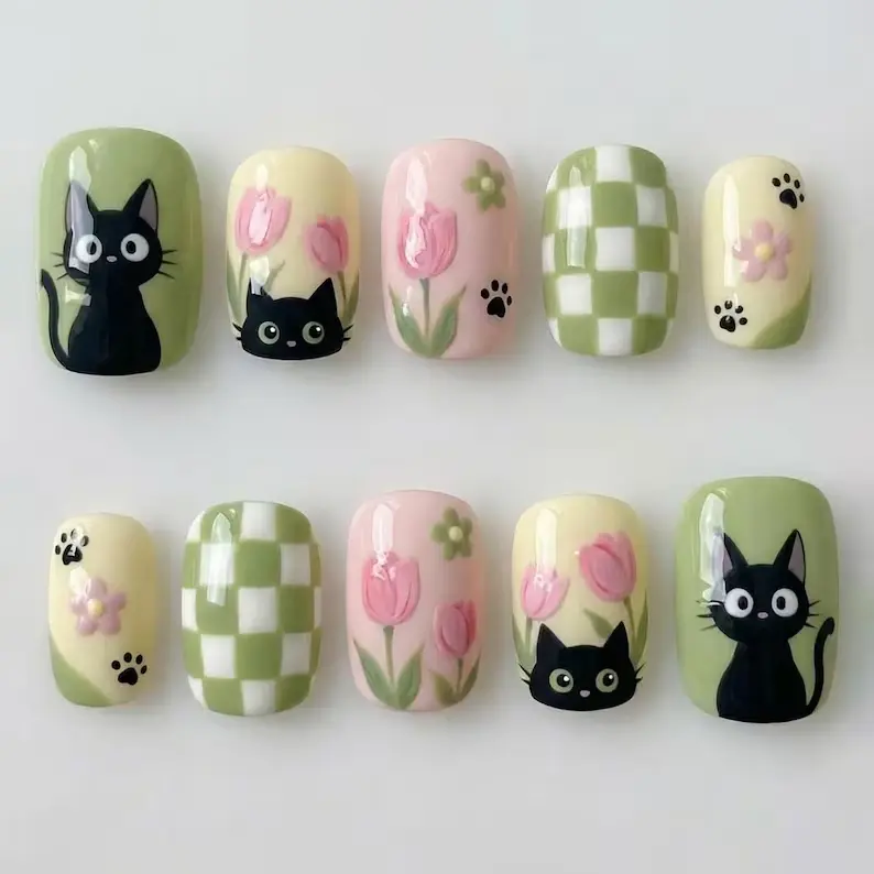 Handmade Black Cat Tulip Press On Nails | Pastel Green Cottagecore Floral Nails | Short Square Spring Kawaii Cat Nail Set