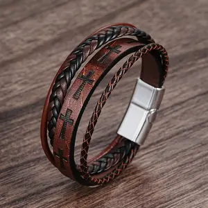 FASHION - Fashion Cross Leather Rope Bracelet for Men Vintage Woven Leather Bracelet Punk Metal Magnet Buckle Personality Bracelet Jewelry