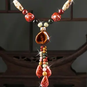 Vintage Ethnic Style Ceramic Bead Necklace - Long Pendant Bohemian Stone and Ceramic Jewelry