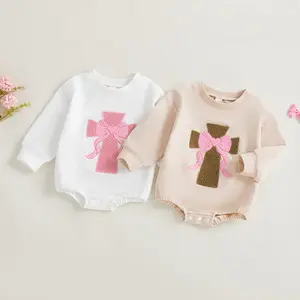 Infant Baby Girl Autumn Spring Sweatshirt Romper Long Sleeve O Neck Bow Jesus Cross Embroidery Romper Onesie Bodysuit