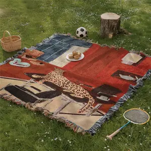 Multi Purpose Picnic Mat, Outdoor Picnic Blanket, Yarn Woven with Tassel, Living Room Leopard Pattern, Soft and Breathable, Suitable for Travel Camping Lawns, Indoor Bohemian Decoration, Machine Washed, Used As Bed Blanket Sofa Towel