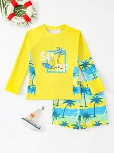 Children Surf Coconut Tree Swimwear Set Blue Color Long Sleeve Sun Protection Two-Piece Swimsuit, Casual Slim-Fitting Shorts, Swim Kit