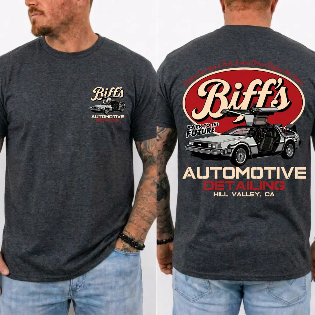 " Back to the Future " DeLorean Graphic Shirt, Stylish Short Sleeve Tee for Fans of Classic Movies, Classic 80s Graphic Tee, Gift For Drivers, MADE IN USA. Cotton Fabric