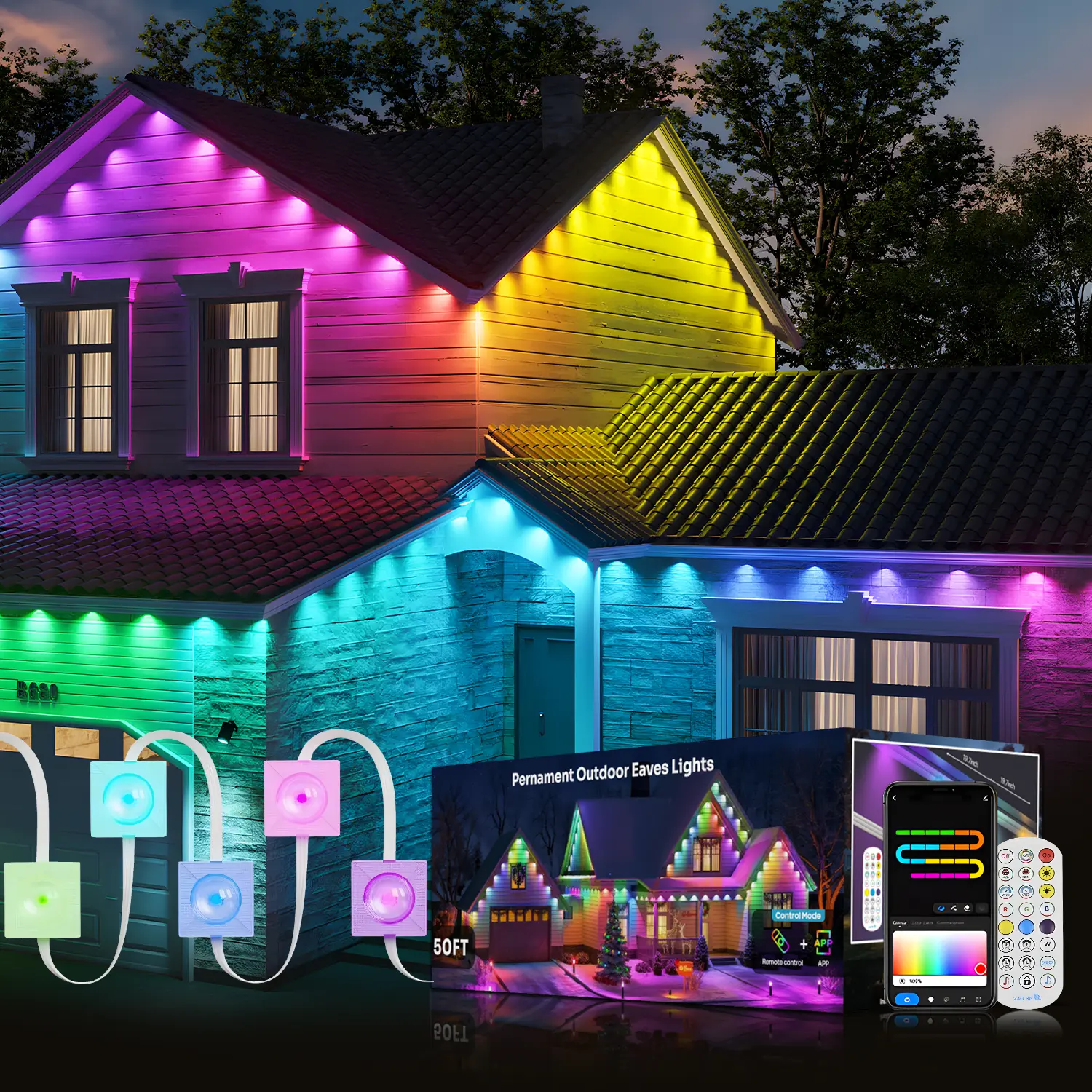 DEMILARE Patented Triangular Eaves RGB LED Outdoor Lights - IP67 Waterproof, 30/60 LEDs (50/100 ft), 16M Custom Colors, 75 Preset Festival Modes, Music Sync, Remote/App Control, Patio Home Decor,SummerFinds,Summer Turn Up campingessentials, Party Lights,