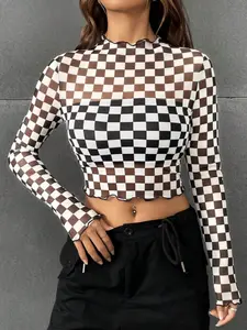 Women's & Plaid Long Sleeve Top, New Style Slim Fit Short Shirt, Casual Inner Layer, Fashionable Chessboard Pattern Tee