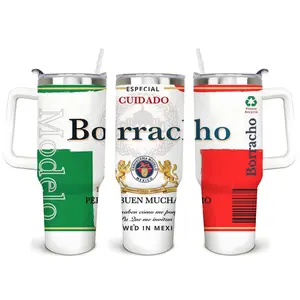 Borracho Especial Tumbler With Handle 40oz, Funny Mexico Beer Inspired Insulated Travel Mug, Cuidado Buen Muchacho Mexican Flag Green White Red, Novelty Gag Gift For Men Beer Lovers Party, Stainless Steel Cup With Straw