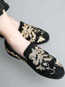 Men's Fashion Embroidered Leaf Design Loafers, 2024 New Style Casual Comfortable Pointed Toe Slip-on Shoes for Daily Wear, Male All-match Flat Shoes for Daily Wear, Footwear