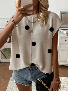 Spring Summer Women's Knit Top, Round Neck Shoulder Straps Loose Fit, Colorblock Polka Dot Print Short Sleeve, Casual Elegant Commute Wear