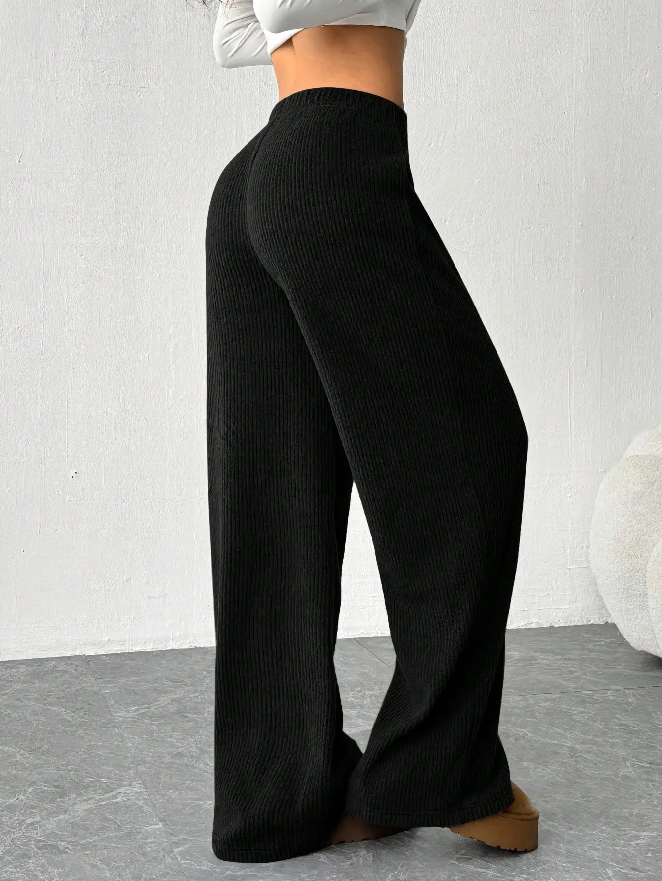 Women's Ribbed Knit Wide-Leg Comfy Pants - Casual Comfy Baggy Loungewear with Soft Loose Fit, Elastic Drawstring Waist