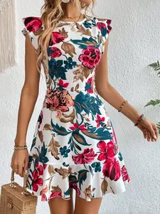 A floral print flutter sleeve fitted dress with a cinched waist and ruffled hem, sweet and vintage style, round neckline, flutter sleeves at the shoulders. Suitable for occasions such as daily outings, dates, and casual social events. Casual Wear