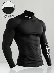 High Neck Compression Long Sleeve Tight Fit Shirt, Pro Series Quick Dry Fabric, Fitted Design, Prosmith Slogan, All Seasons, Quick Dry Activewear