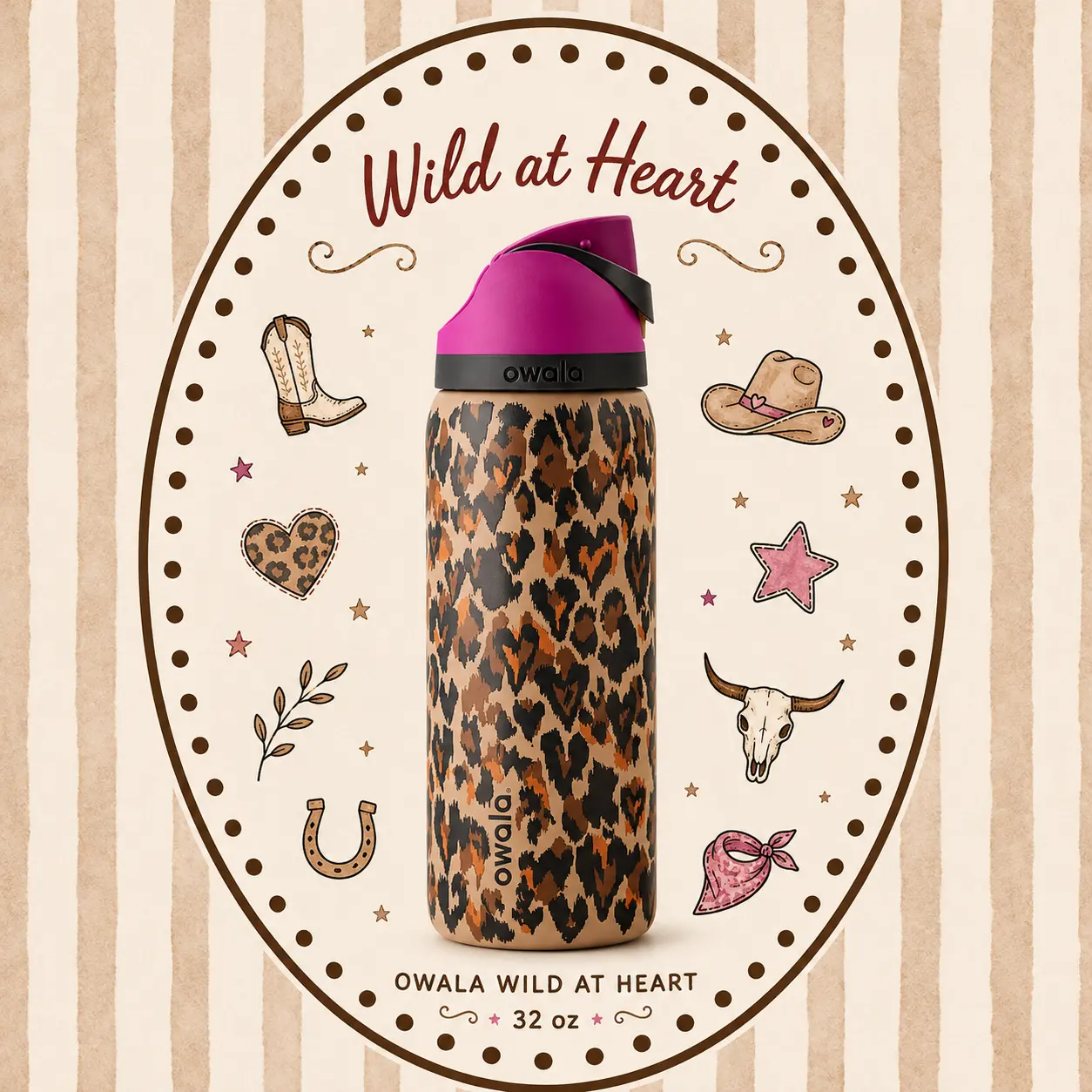 [Limited Edition] Owala Wild At Heart 32oz FreeSip Water Bottle – Leopard Aesthetic Insulated Stainless Steel Leakproof Travel Bottle, Gym & Outdoor