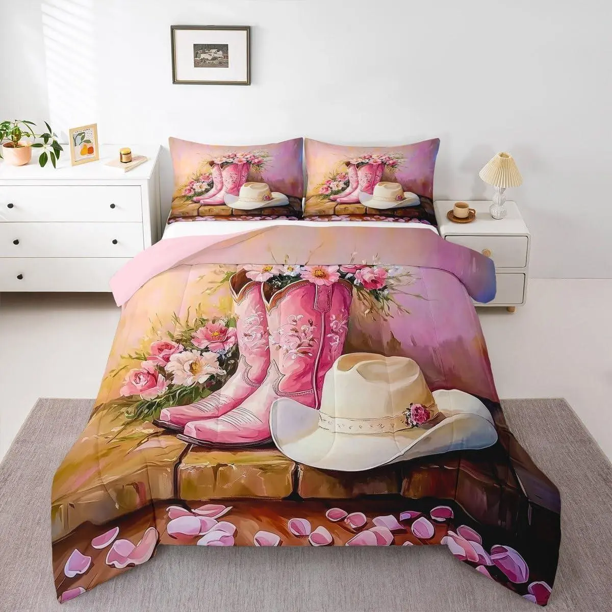 Feelyou Western Cowgirl Microfiber Soft Breathable Comforter Set - Digital Print Pink Cowgirl Boot Outfits, Hat, Boho Wildflower, Retro Rustic Country Bedding for Girls, Machine Washable, Multi-Size Room Decor