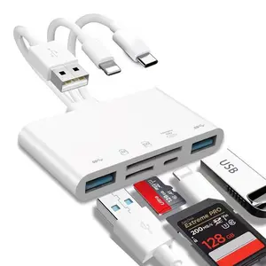 5-In-1 SD Card Reader Adapter for Apple Android Phones USB Type-C Lightning to SD TF 2usb OTG Converter Multi-Functional Adapter, USB C Hub, USB Port Gadget