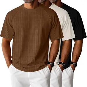 Men's 3 Pack Waffle Knitted Short Sleeve Crewneck T-Shirts - Solid Raglan Sleeve Casual Pullover Tees, Soft Comfortable Cotton Blend for Everyday Wear